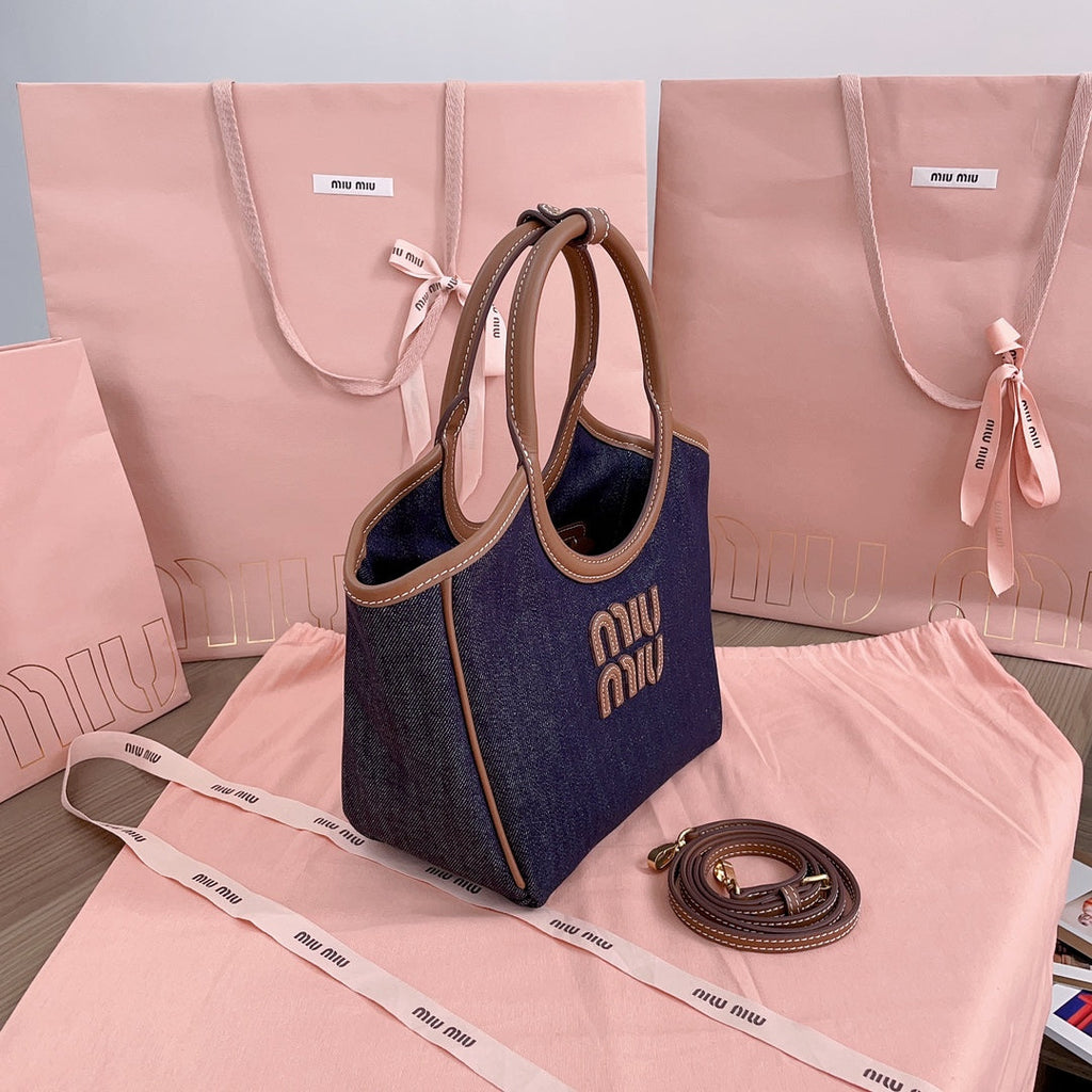 MIU MIU SMALL TOTE BAG 22 IN NAVY DENIM AND BROWN LEATHER TRIM