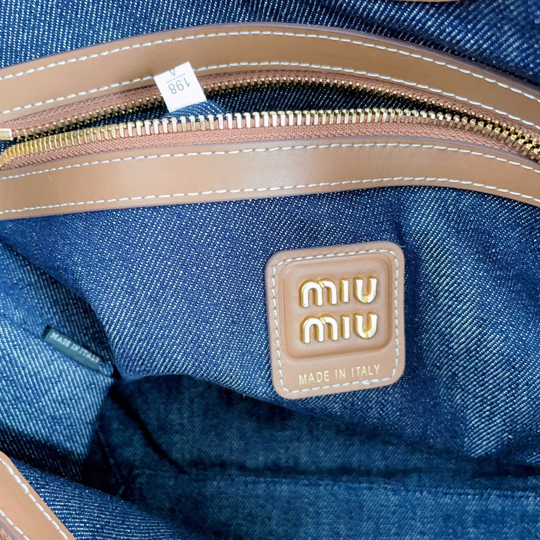 MIU MIU SMALL TOTE BAG 22 IN NAVY DENIM AND BROWN LEATHER TRIM