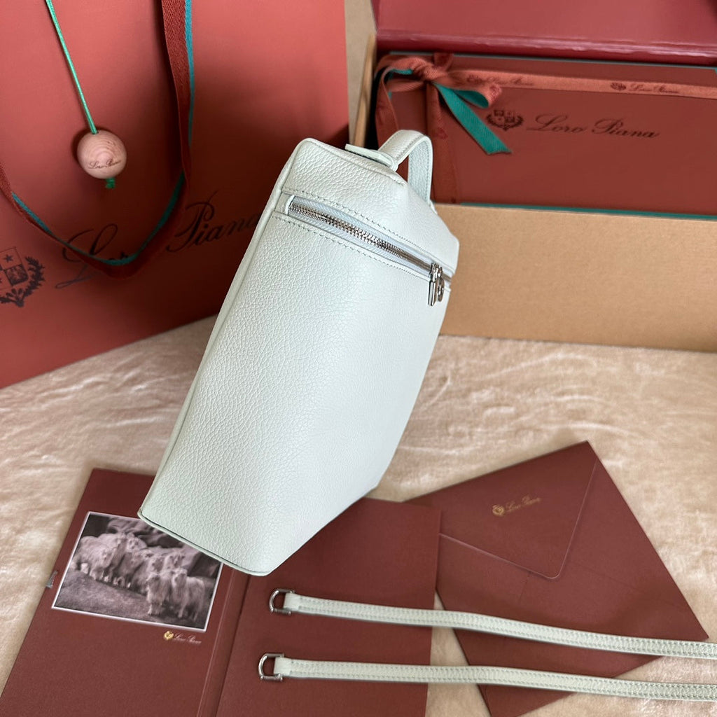 LORO PIANA EXTRA POCKET BACKPACK L23.5 IN WHITE CALFSKIN WITH SILVER HARDWARE