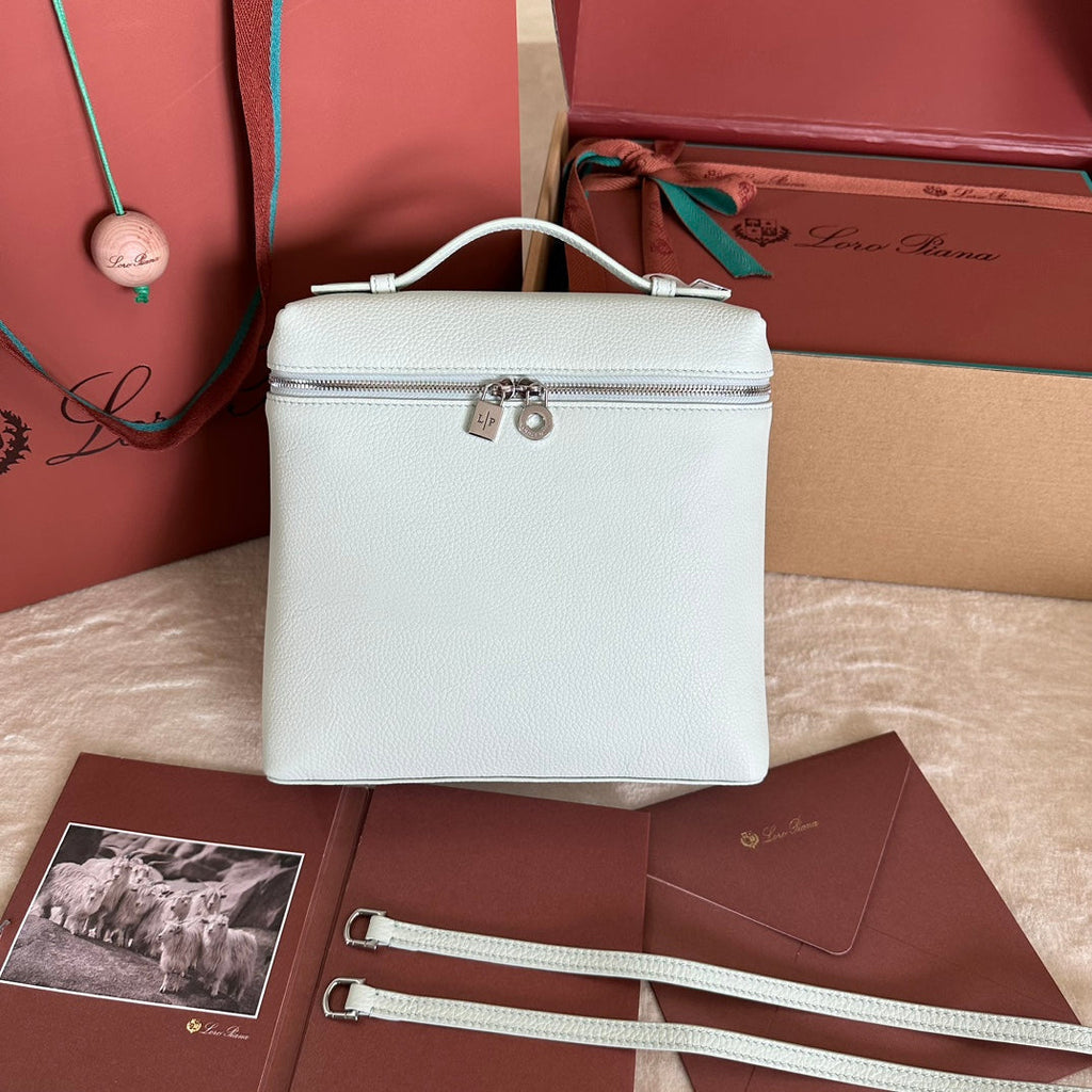 LORO PIANA EXTRA POCKET BACKPACK L23.5 IN WHITE CALFSKIN WITH SILVER HARDWARE