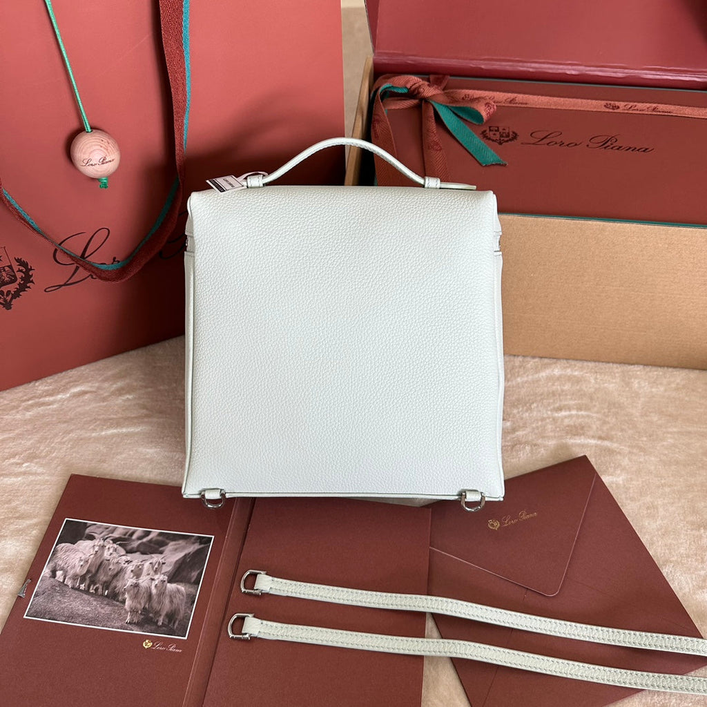 LORO PIANA EXTRA POCKET BACKPACK L23.5 IN WHITE CALFSKIN WITH SILVER HARDWARE