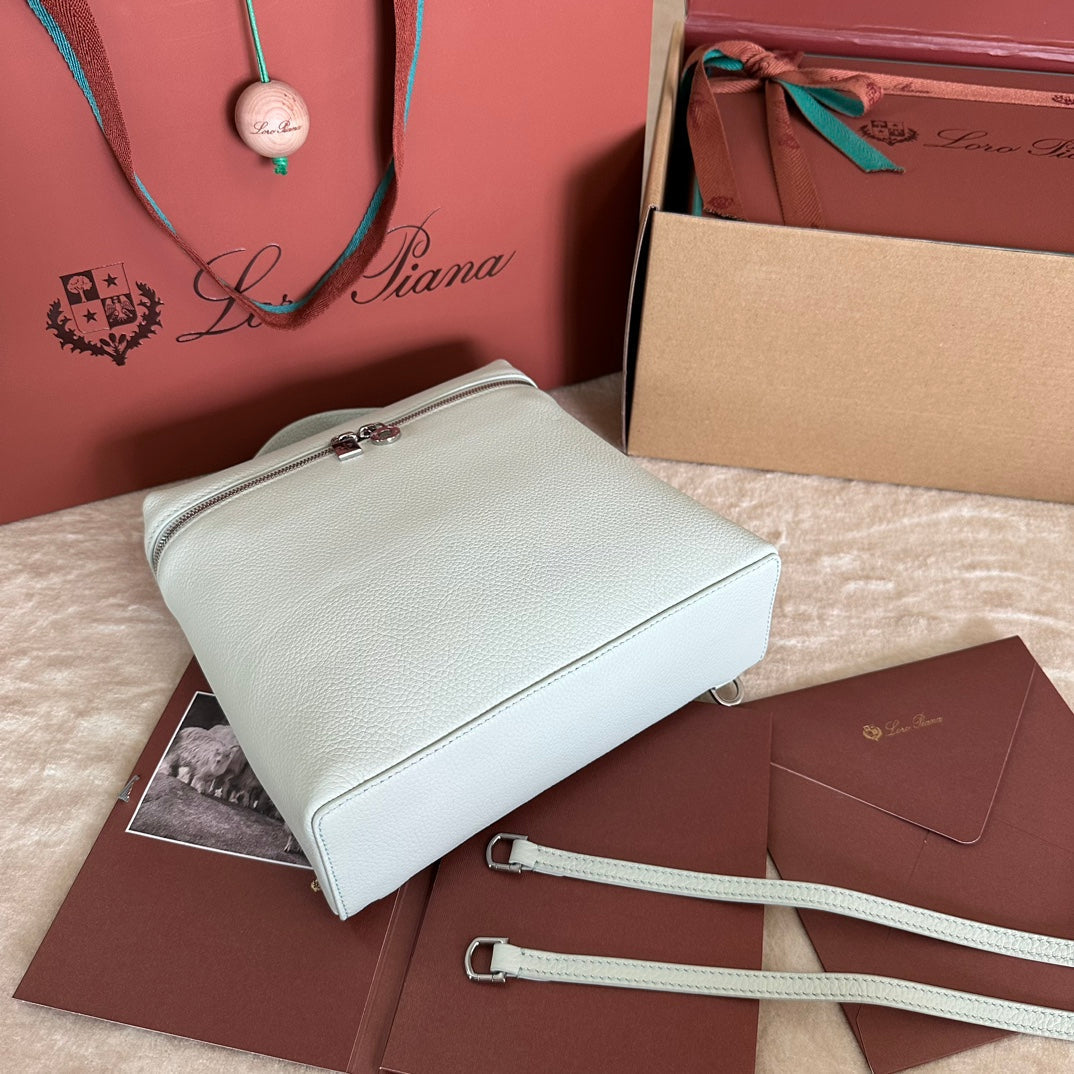 LORO PIANA EXTRA POCKET BACKPACK L23.5 IN WHITE CALFSKIN WITH SILVER HARDWARE