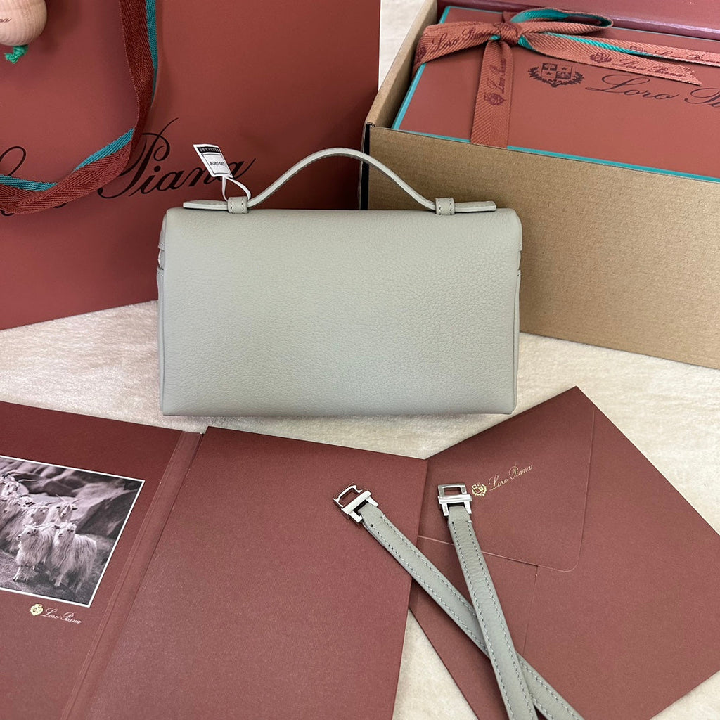 LORO PIANA EXTRA POCKET L19 IN PEARL GRAY GRAINED CALFSKIN WITH SILVER HARDWARE