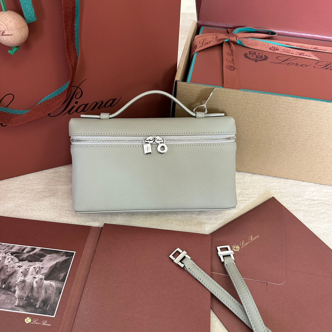 LORO PIANA EXTRA POCKET L19 IN PEARL GRAY GRAINED CALFSKIN WITH SILVER HARDWARE