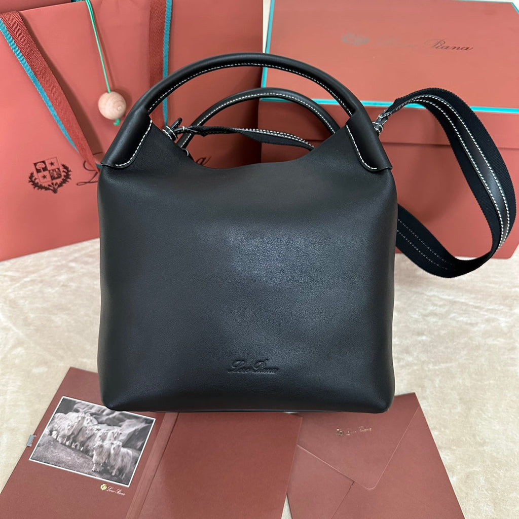 LORO PIANA LARGE 36 BALE BAG IN BLACK SMOOTH CALFSKIN