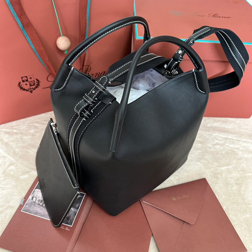 LORO PIANA LARGE 36 BALE BAG IN BLACK SMOOTH CALFSKIN