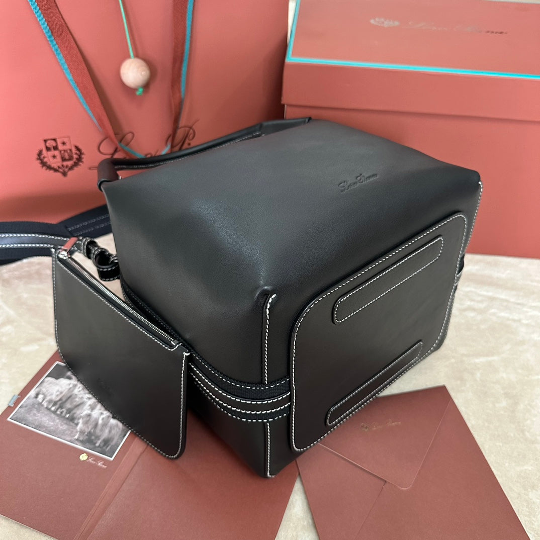 LORO PIANA LARGE 36 BALE BAG IN BLACK SMOOTH CALFSKIN