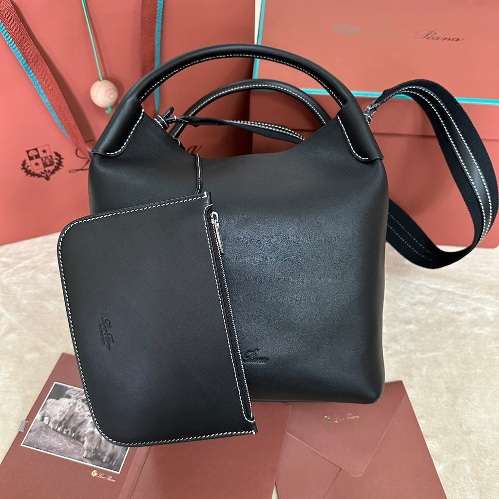 LORO PIANA LARGE 36 BALE BAG IN BLACK SMOOTH CALFSKIN
