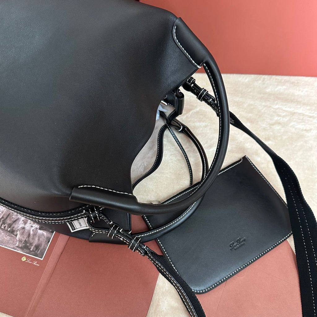 LORO PIANA LARGE 36 BALE BAG IN BLACK SMOOTH CALFSKIN