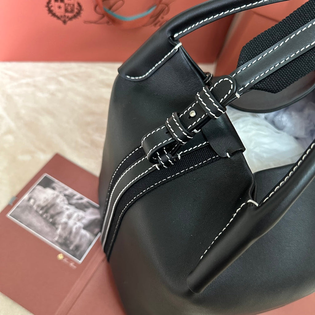 LORO PIANA LARGE 36 BALE BAG IN BLACK SMOOTH CALFSKIN