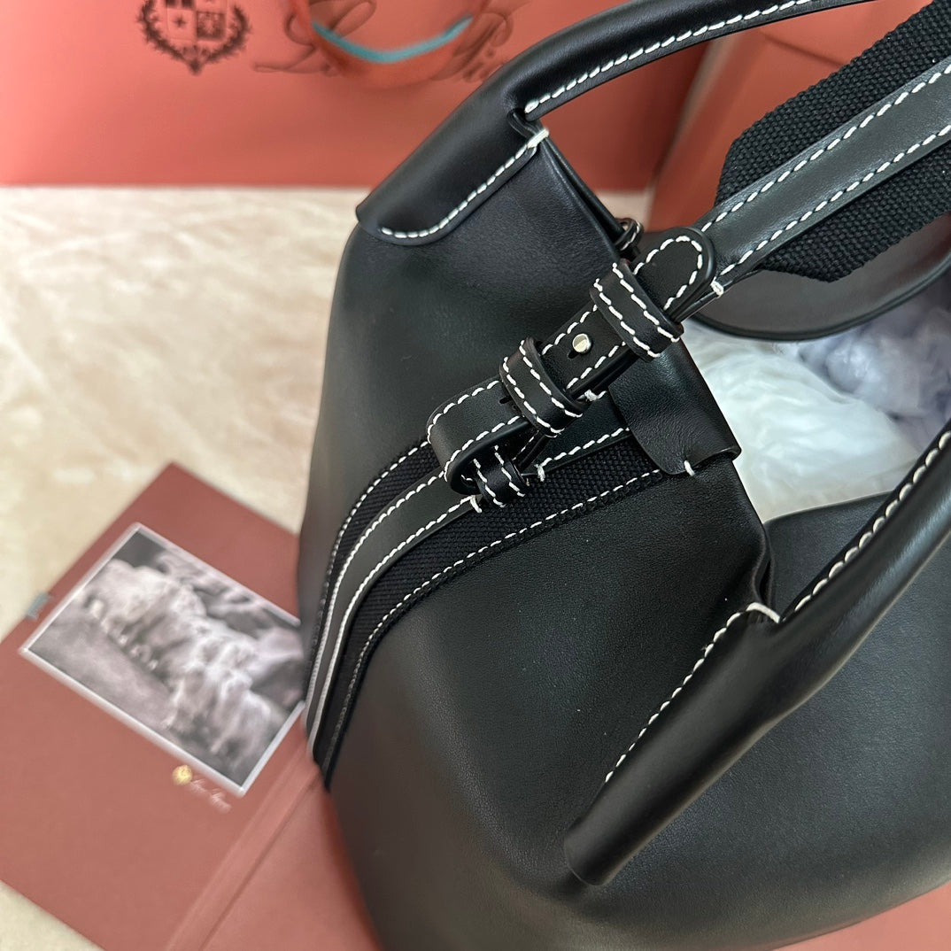 LORO PIANA LARGE 36 BALE BAG IN BLACK SMOOTH CALFSKIN