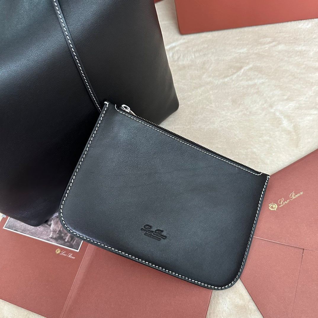 LORO PIANA LARGE 36 BALE BAG IN BLACK SMOOTH CALFSKIN