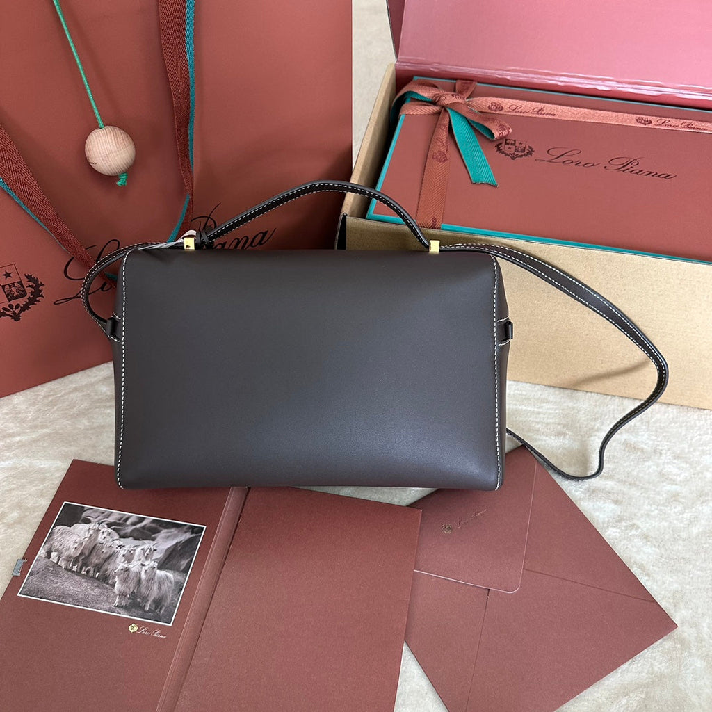 LORO PIANA EXTRA BAG L27 IN CHOCOLATE BROWN SMOOTH CALFSKIN WITH GOLD HARDWARE