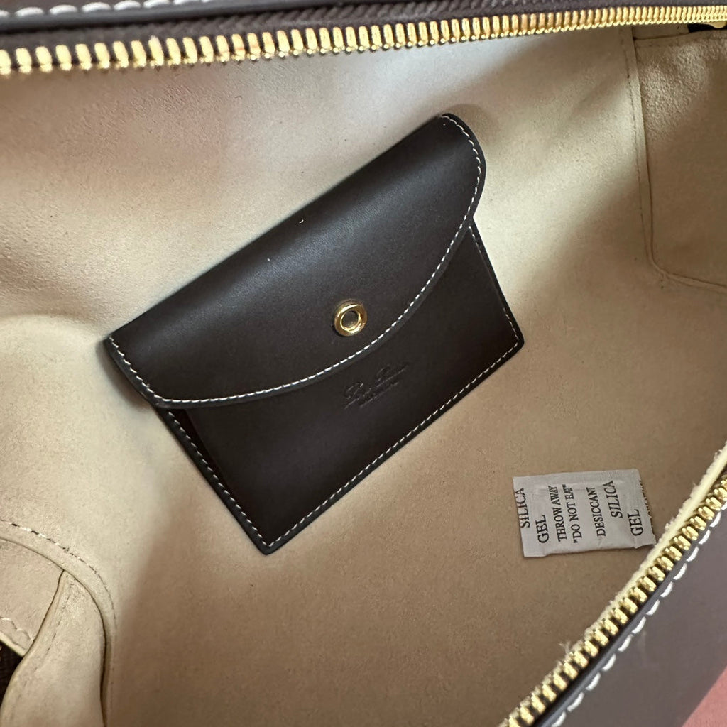 LORO PIANA EXTRA BAG L27 IN CHOCOLATE BROWN SMOOTH CALFSKIN WITH GOLD HARDWARE