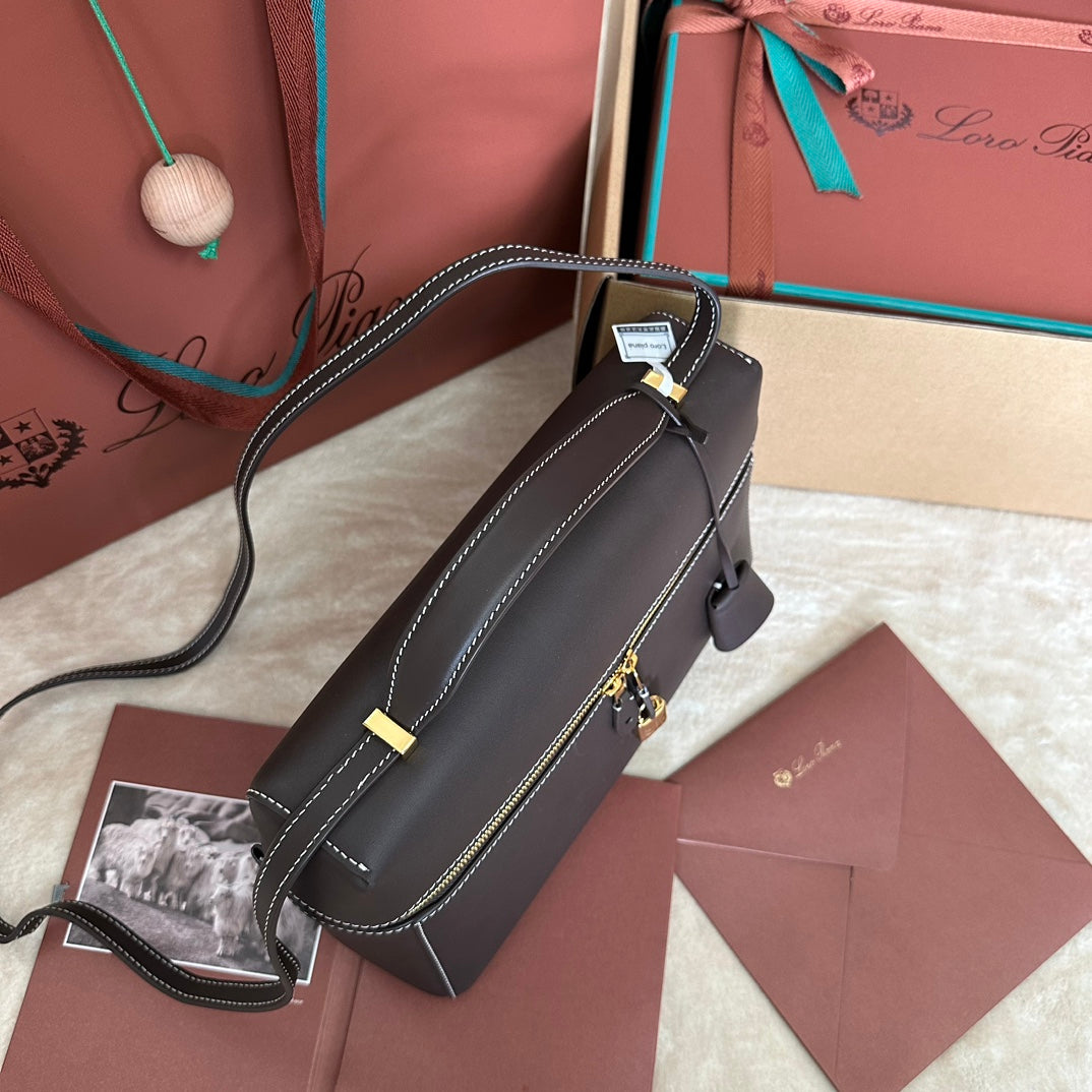 LORO PIANA EXTRA BAG L27 IN CHOCOLATE BROWN SMOOTH CALFSKIN WITH GOLD HARDWARE