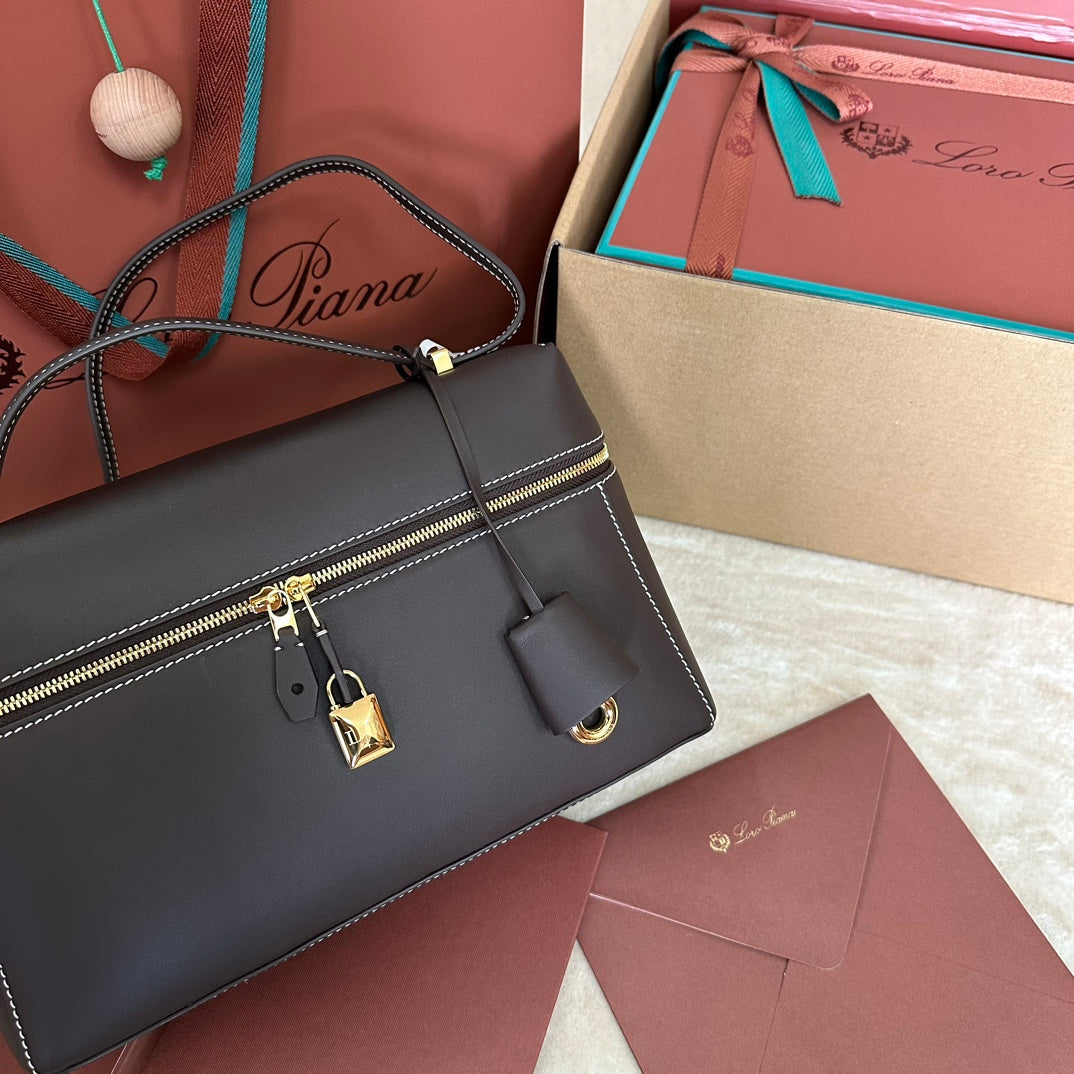 LORO PIANA EXTRA BAG L27 IN CHOCOLATE BROWN SMOOTH CALFSKIN WITH GOLD HARDWARE