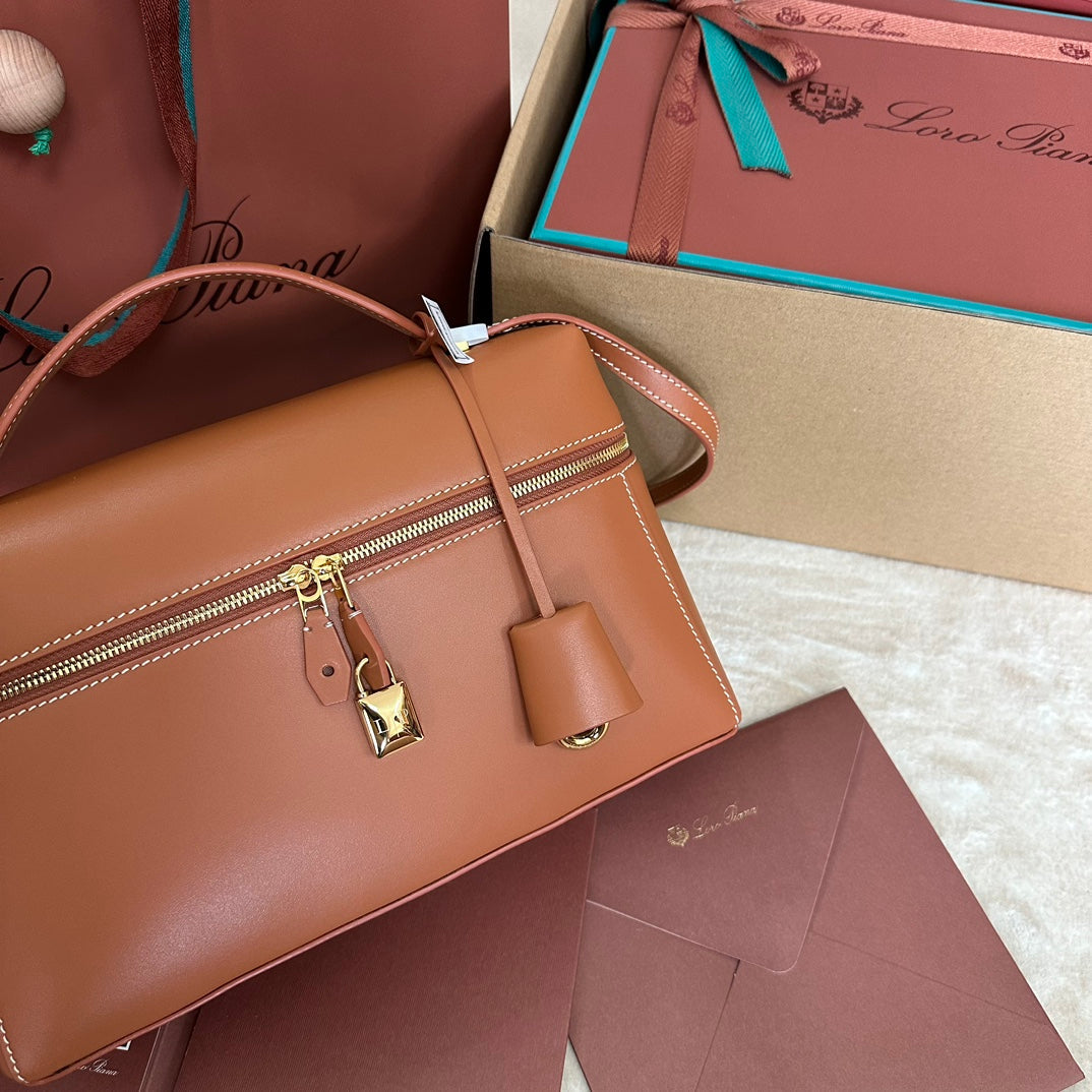 LORO PIANA EXTRA BAG L27 IN GINGER ORANGE SMOOTH CALFSKIN WITH GOLD HARDWARE
