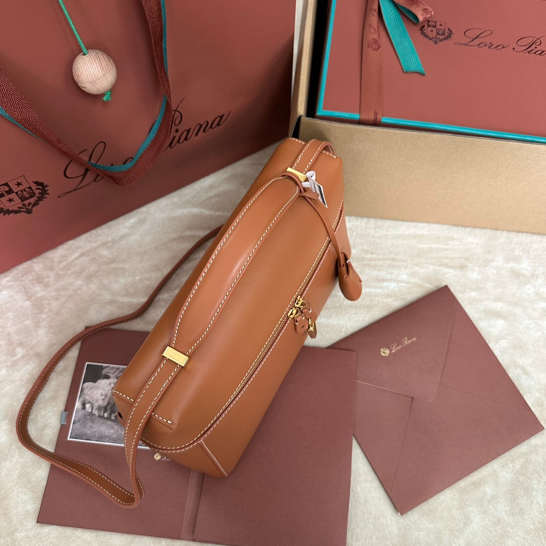 LORO PIANA EXTRA BAG L27 IN GINGER ORANGE SMOOTH CALFSKIN WITH GOLD HARDWARE