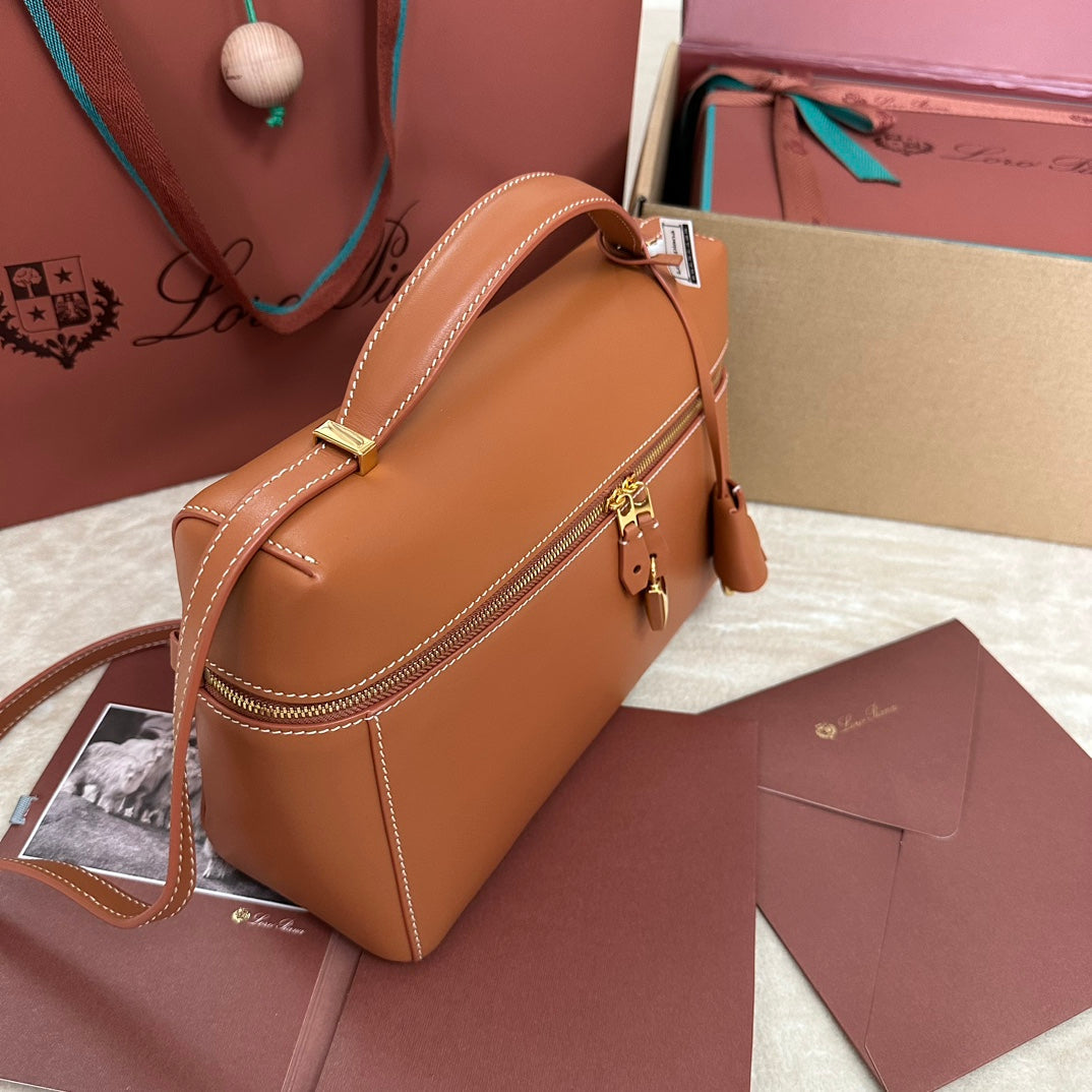 LORO PIANA EXTRA BAG L27 IN GINGER ORANGE SMOOTH CALFSKIN WITH GOLD HARDWARE