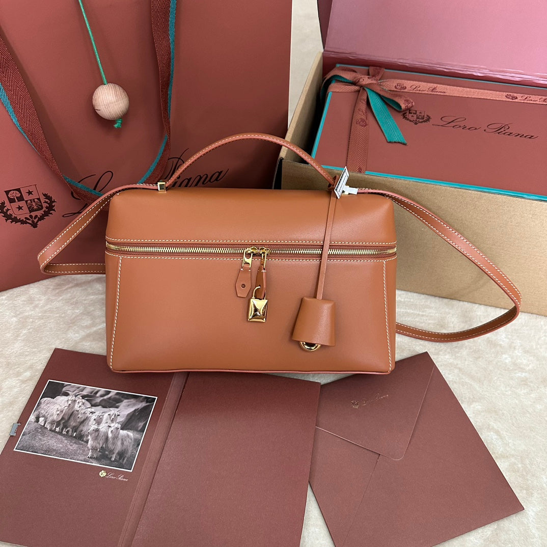 LORO PIANA EXTRA BAG L27 IN GINGER ORANGE SMOOTH CALFSKIN WITH GOLD HARDWARE