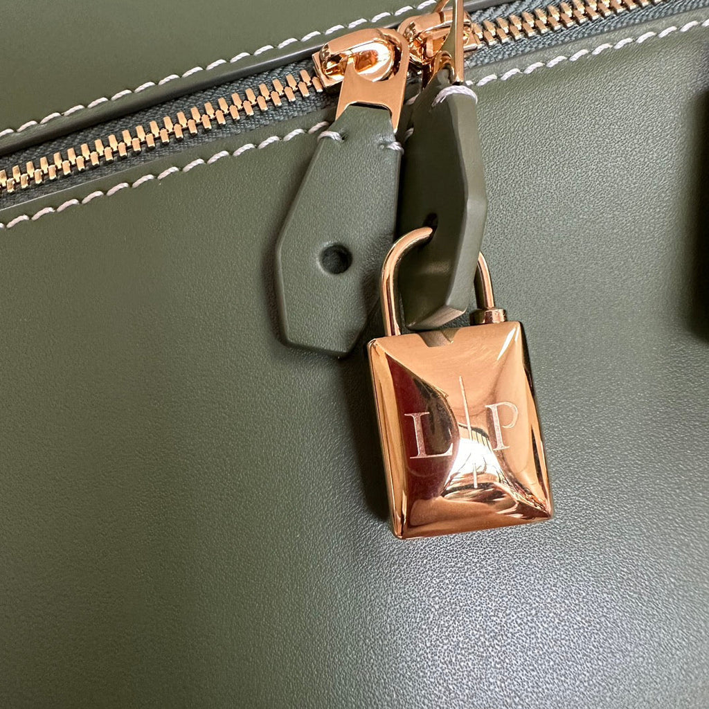 LORO PIANA EXTRA BAG L27 IN JUNGLE GREEN SMOOTH CALFSKIN WITH GOLD HARDWARE