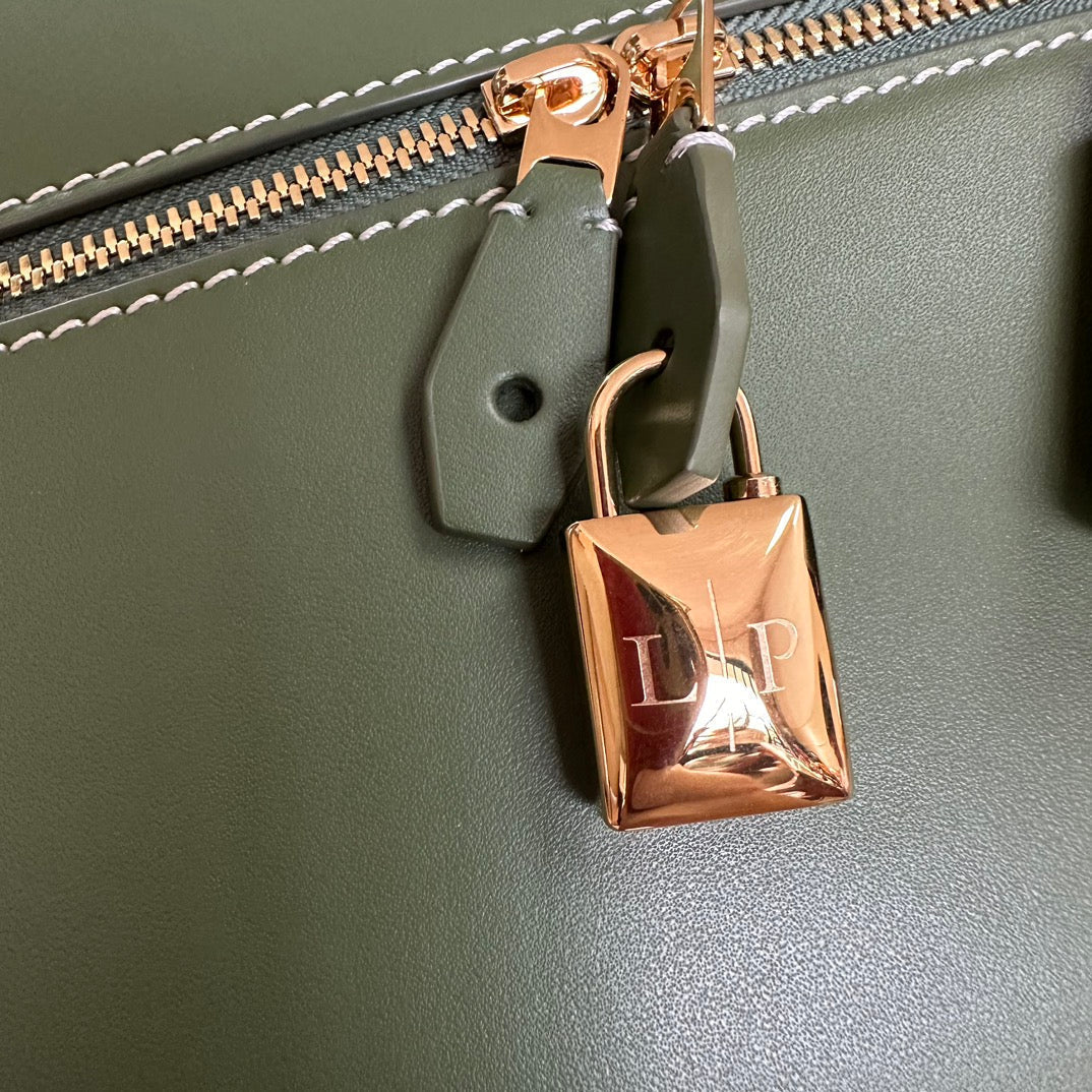 LORO PIANA EXTRA BAG L27 IN JUNGLE GREEN SMOOTH CALFSKIN WITH GOLD HARDWARE