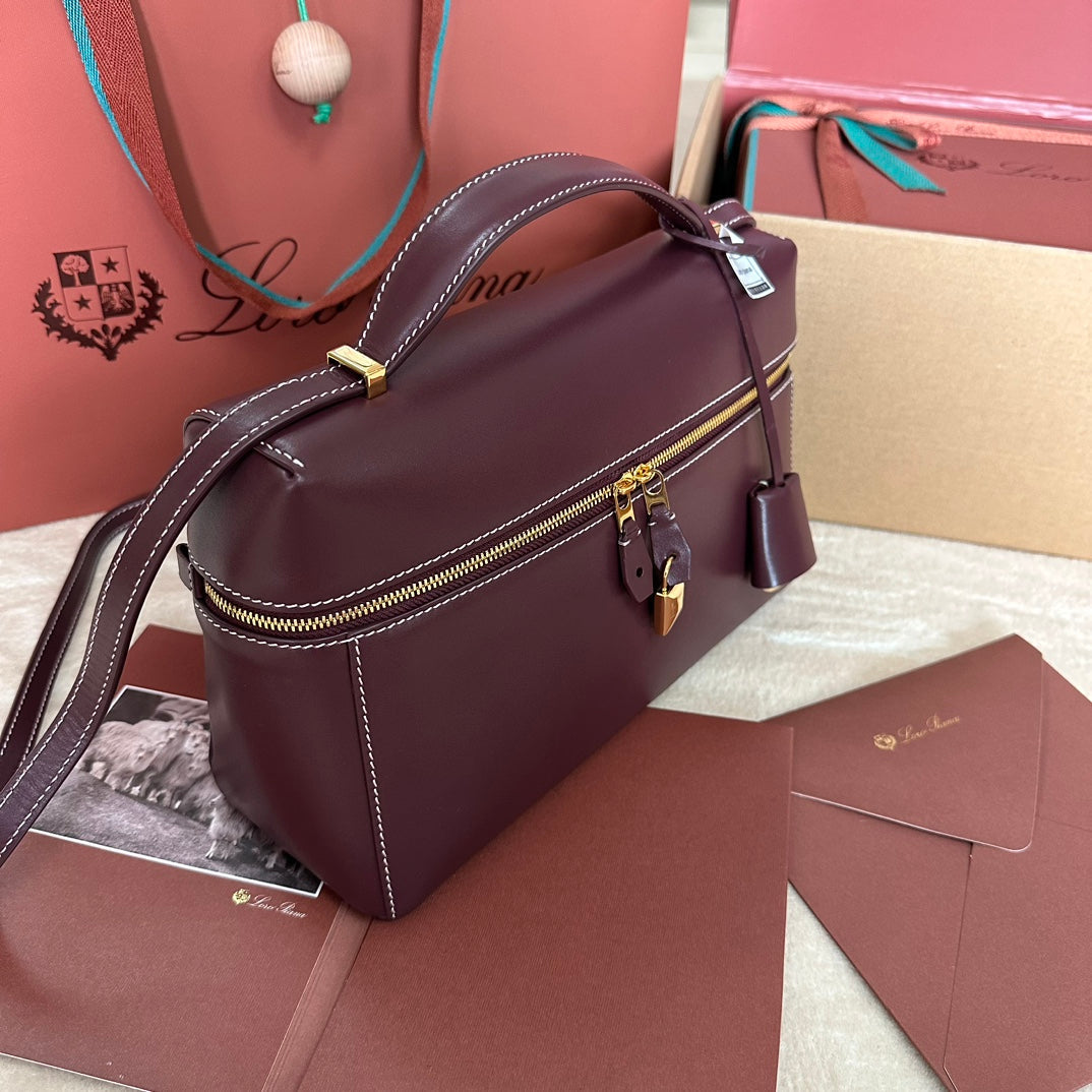 LORO PIANA EXTRA BAG L27 IN WINE PURPLE SMOOTH CALFSKIN WITH GOLD HARDWARE