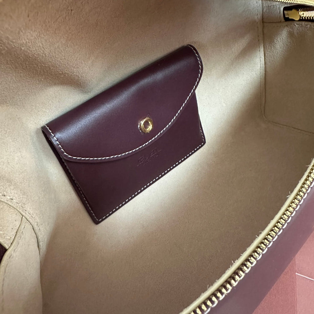 LORO PIANA EXTRA BAG L27 IN WINE PURPLE SMOOTH CALFSKIN WITH GOLD HARDWARE