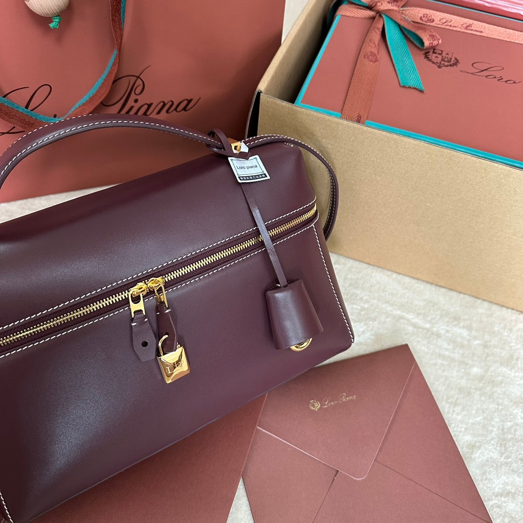LORO PIANA EXTRA BAG L27 IN WINE PURPLE SMOOTH CALFSKIN WITH GOLD HARDWARE