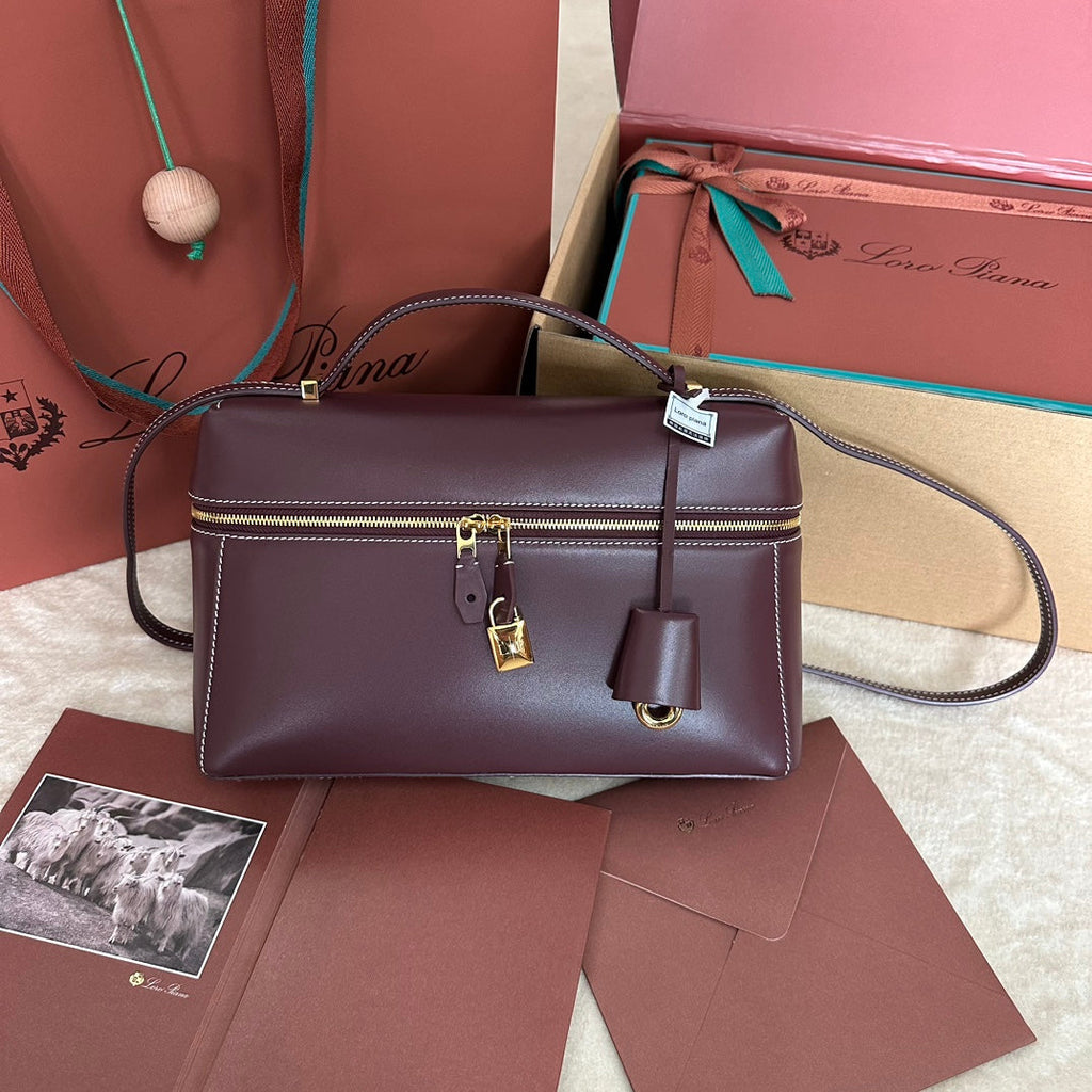 LORO PIANA EXTRA BAG L27 IN WINE PURPLE SMOOTH CALFSKIN WITH GOLD HARDWARE