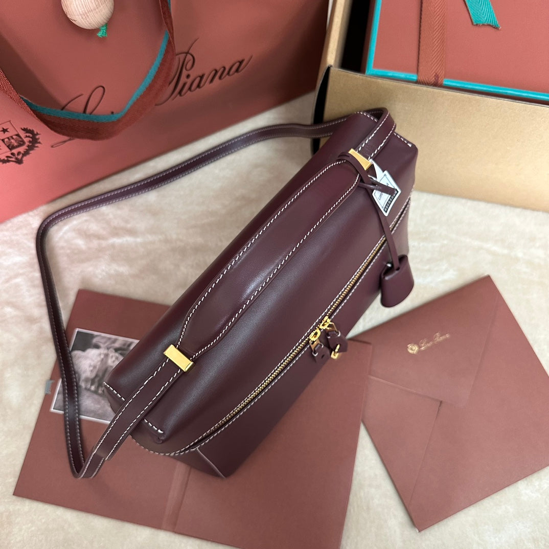 LORO PIANA EXTRA BAG L27 IN WINE PURPLE SMOOTH CALFSKIN WITH GOLD HARDWARE