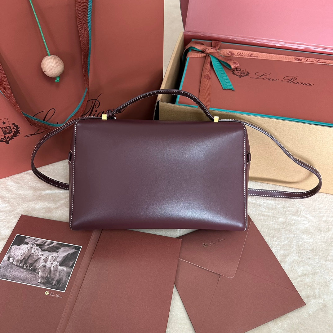 LORO PIANA EXTRA BAG L27 IN WINE PURPLE SMOOTH CALFSKIN WITH GOLD HARDWARE