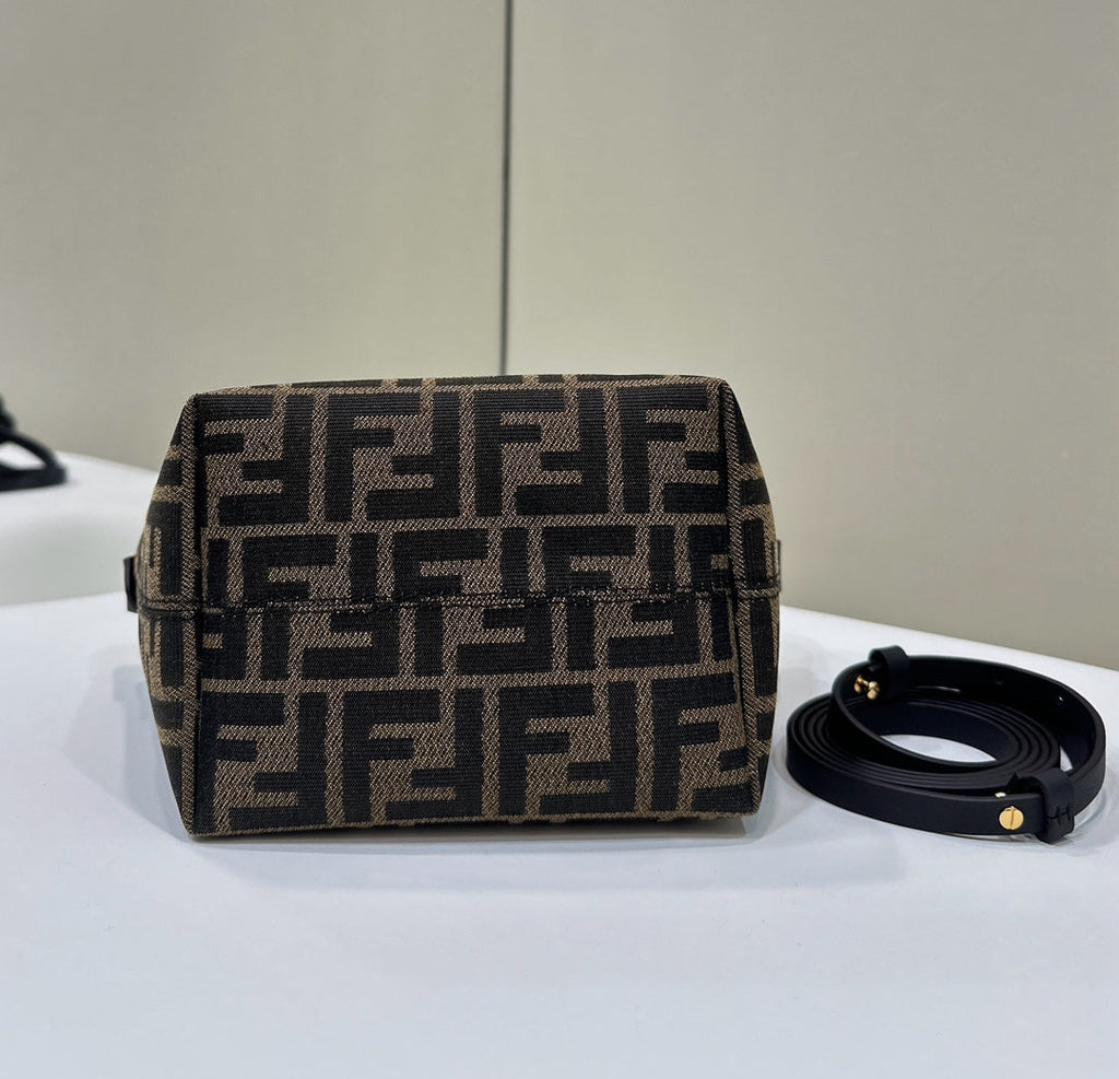 FENDI MINI ROLL BAG 15 BLACK MIX BROWN FF JACQUARD FABRIC
