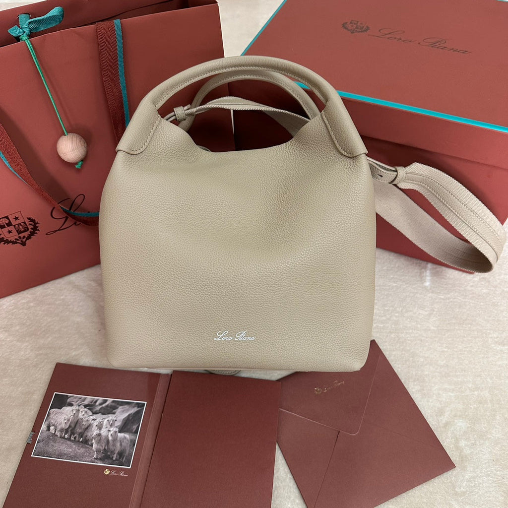 LORO PIANA MEDIUM 36 BAG IN KHAKI BROWN CALFSKIN WITH SILVER HARDWARE