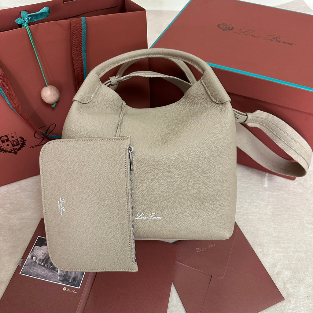 LORO PIANA MEDIUM 36 BAG IN KHAKI BROWN CALFSKIN WITH SILVER HARDWARE