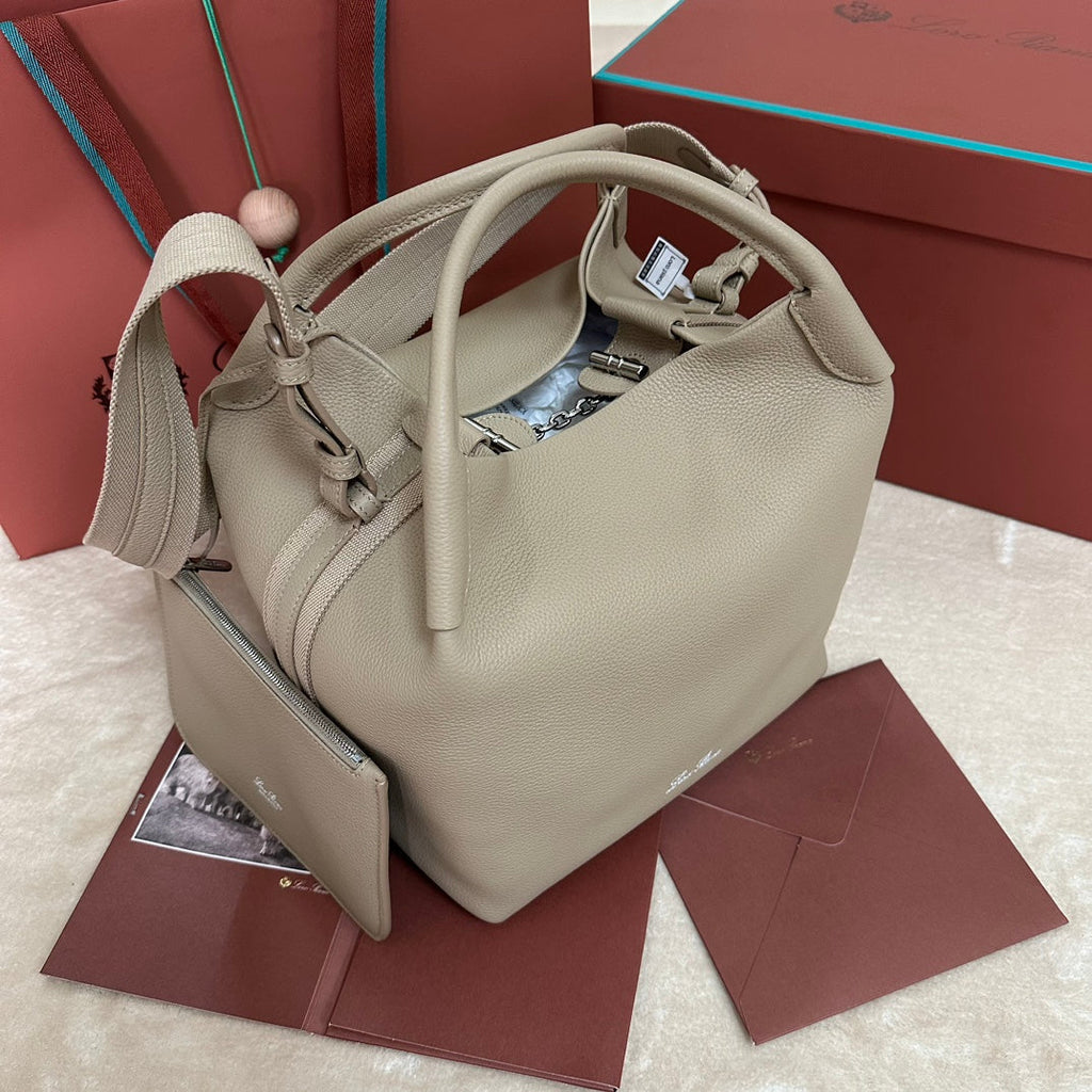 LORO PIANA MEDIUM 36 BAG IN KHAKI BROWN CALFSKIN WITH SILVER HARDWARE