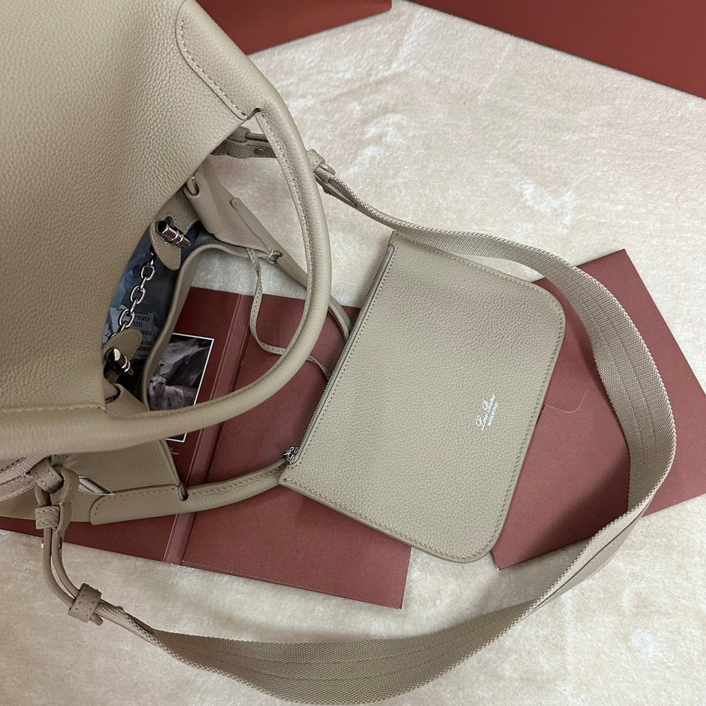 LORO PIANA MEDIUM 36 BAG IN KHAKI BROWN CALFSKIN WITH SILVER HARDWARE