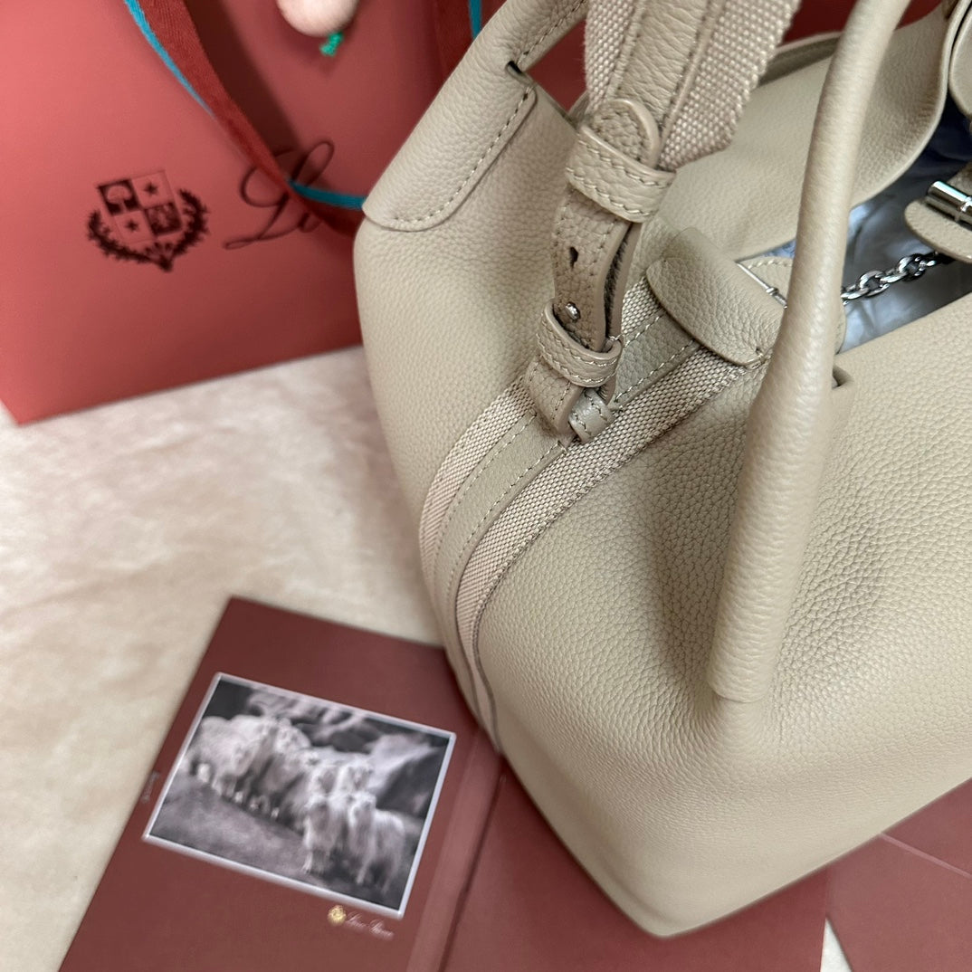 LORO PIANA MEDIUM 36 BAG IN KHAKI BROWN CALFSKIN WITH SILVER HARDWARE