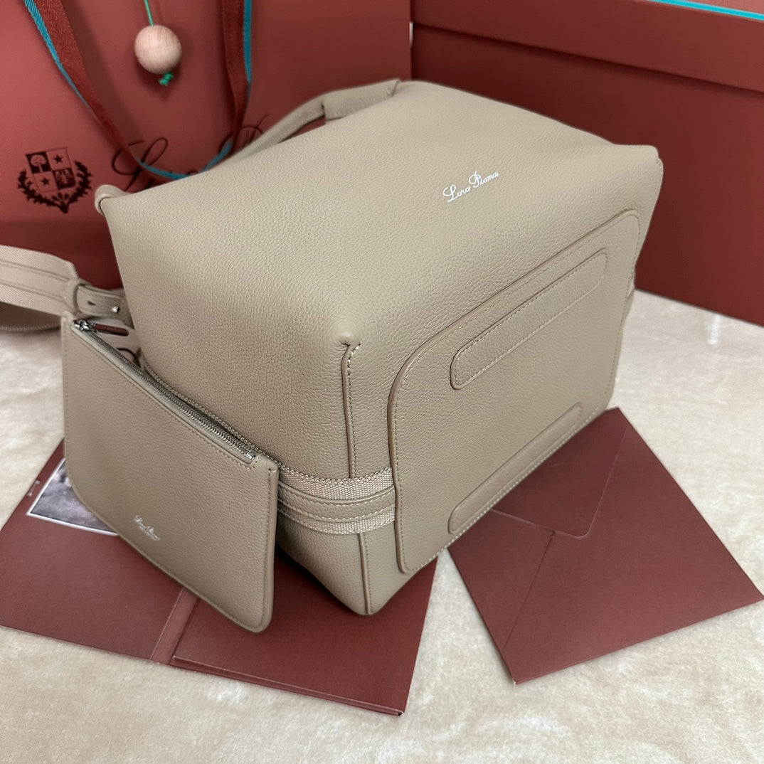 LORO PIANA MEDIUM 36 BAG IN KHAKI BROWN CALFSKIN WITH SILVER HARDWARE