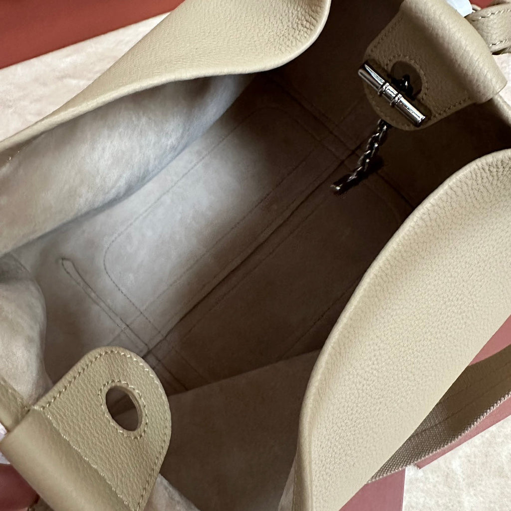 LORO PIANA MEDIUM 36 BAG IN KHAKI BROWN CALFSKIN WITH SILVER HARDWARE