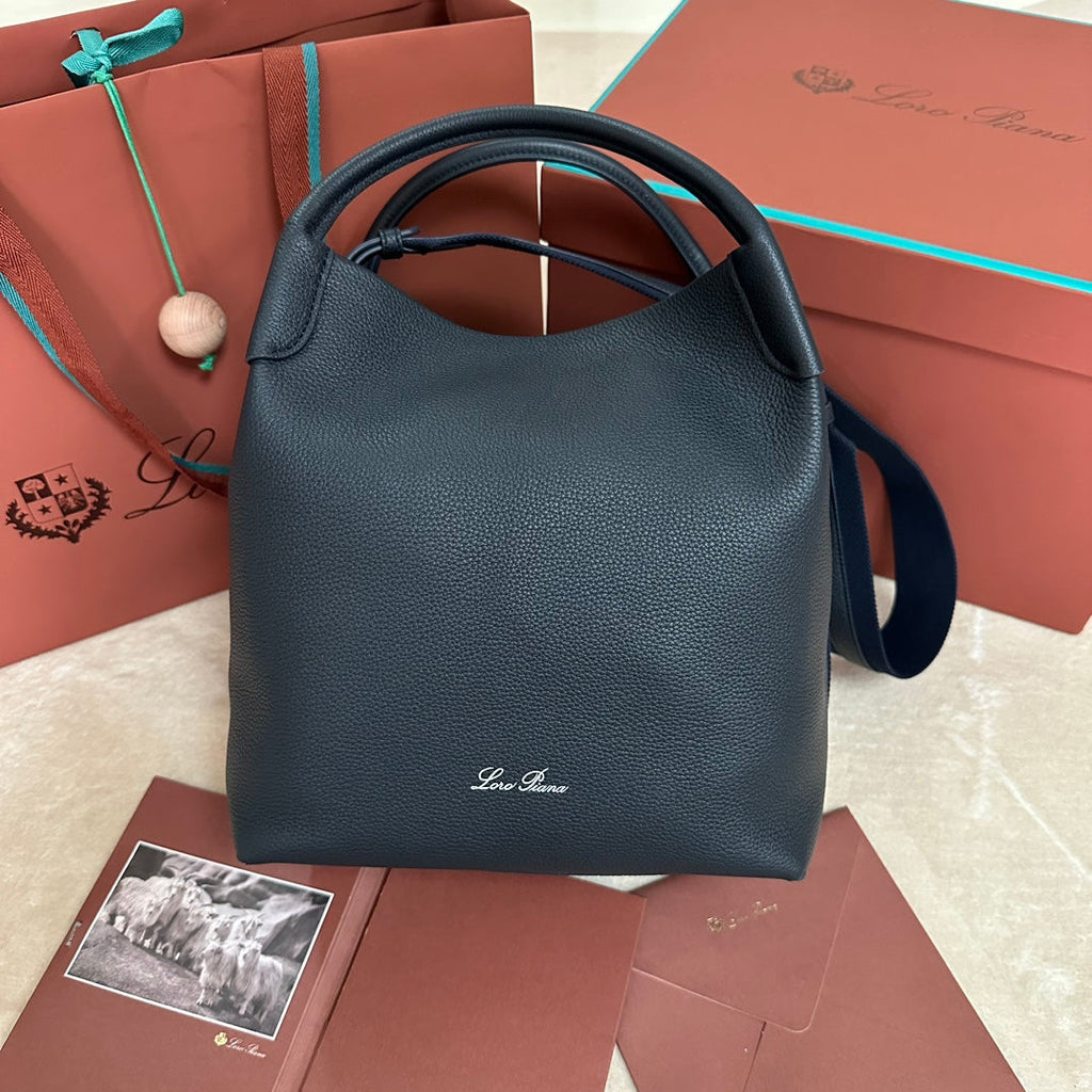 LORO PIANA LARGE 36 BALE BAG IN DARK BLUE GRAINED CALFSKIN
