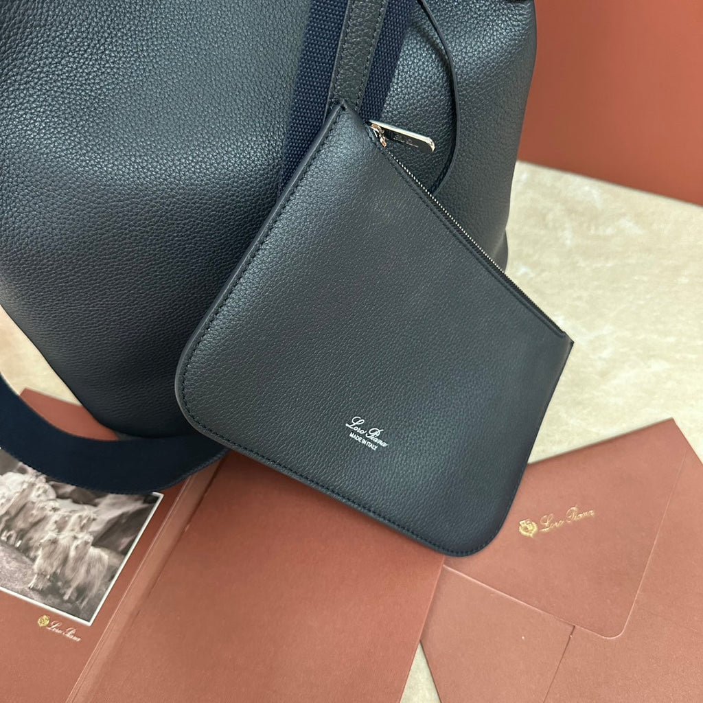 LORO PIANA LARGE 36 BALE BAG IN DARK BLUE GRAINED CALFSKIN