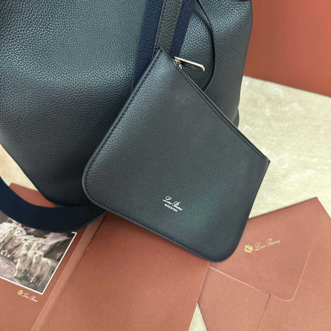 LORO PIANA LARGE 36 BALE BAG IN DARK BLUE GRAINED CALFSKIN