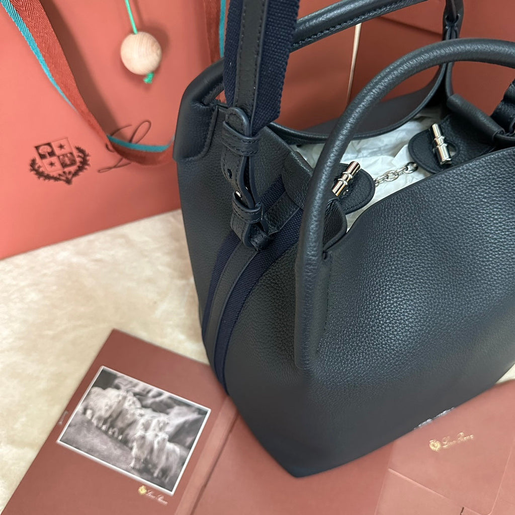 LORO PIANA LARGE 36 BALE BAG IN DARK BLUE GRAINED CALFSKIN