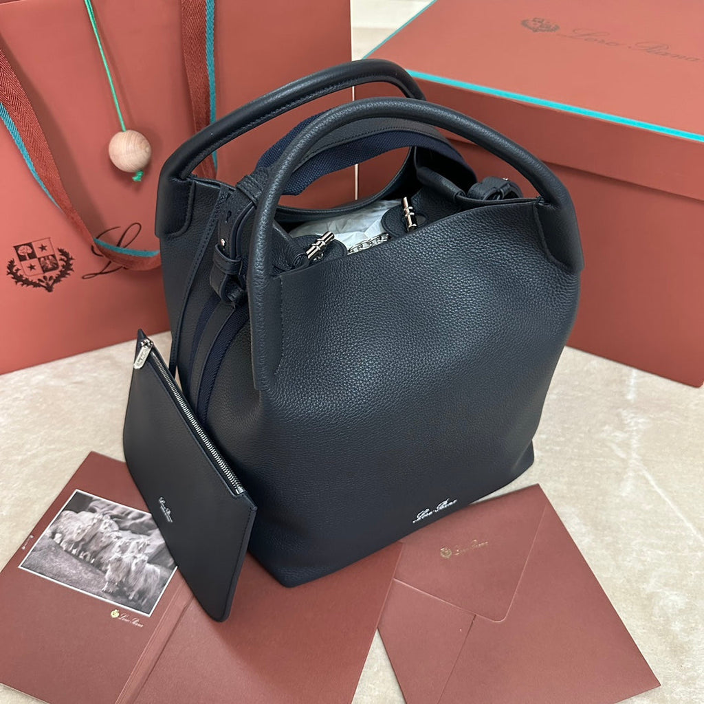 LORO PIANA LARGE 36 BALE BAG IN DARK BLUE GRAINED CALFSKIN