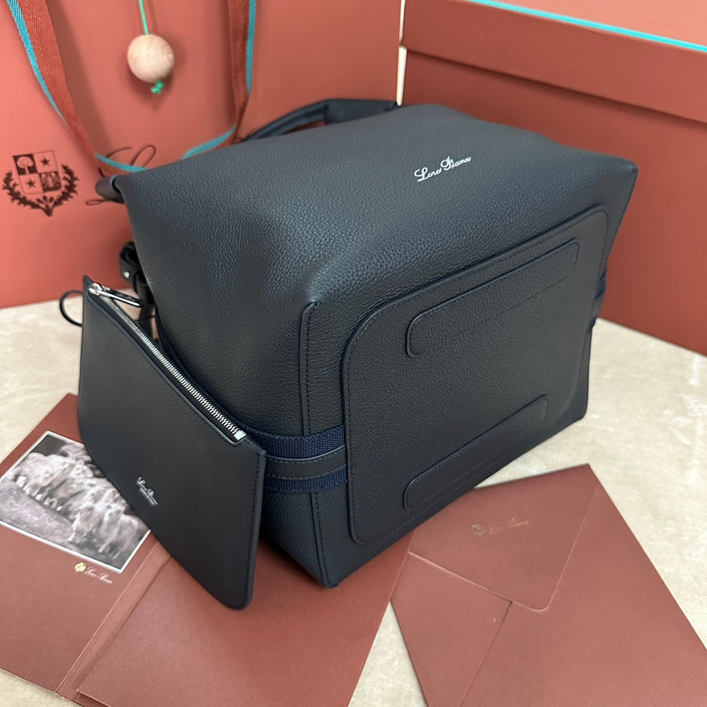 LORO PIANA LARGE 36 BALE BAG IN DARK BLUE GRAINED CALFSKIN