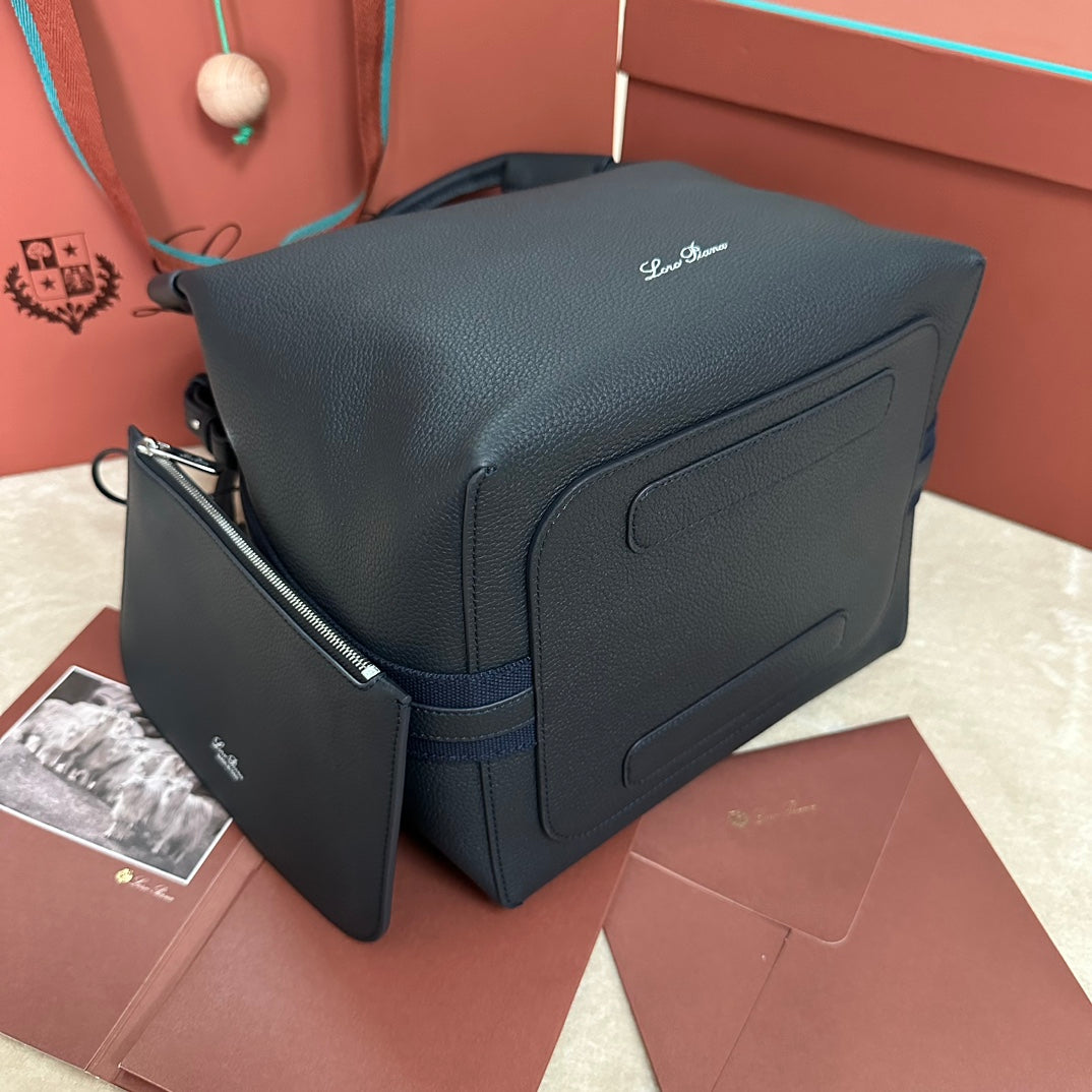 LORO PIANA LARGE 36 BALE BAG IN DARK BLUE GRAINED CALFSKIN
