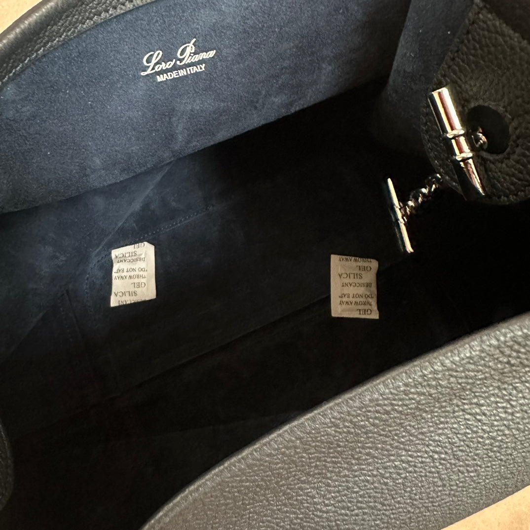 LORO PIANA LARGE 36 BALE BAG IN DARK BLUE GRAINED CALFSKIN