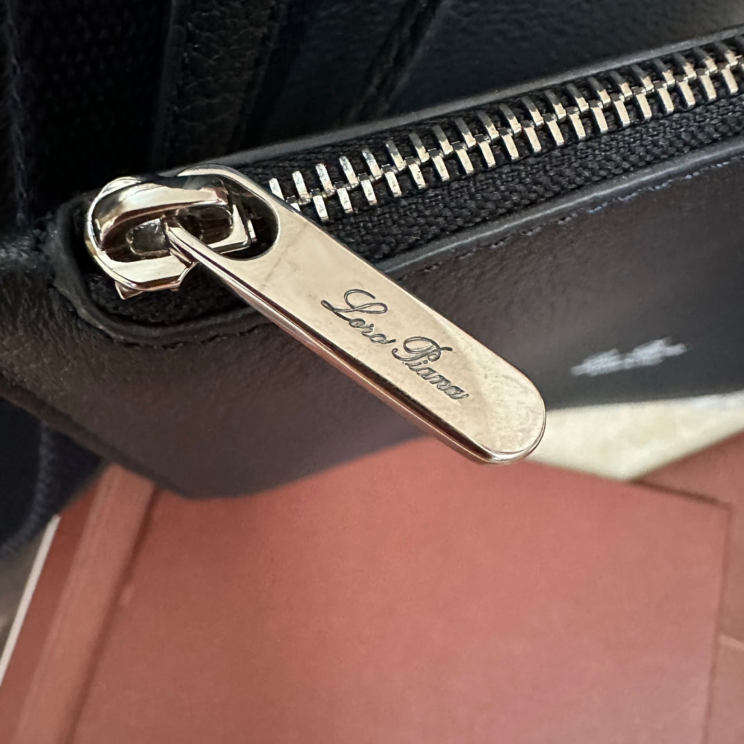 LORO PIANA LARGE 36 BALE BAG IN DARK BLUE GRAINED CALFSKIN
