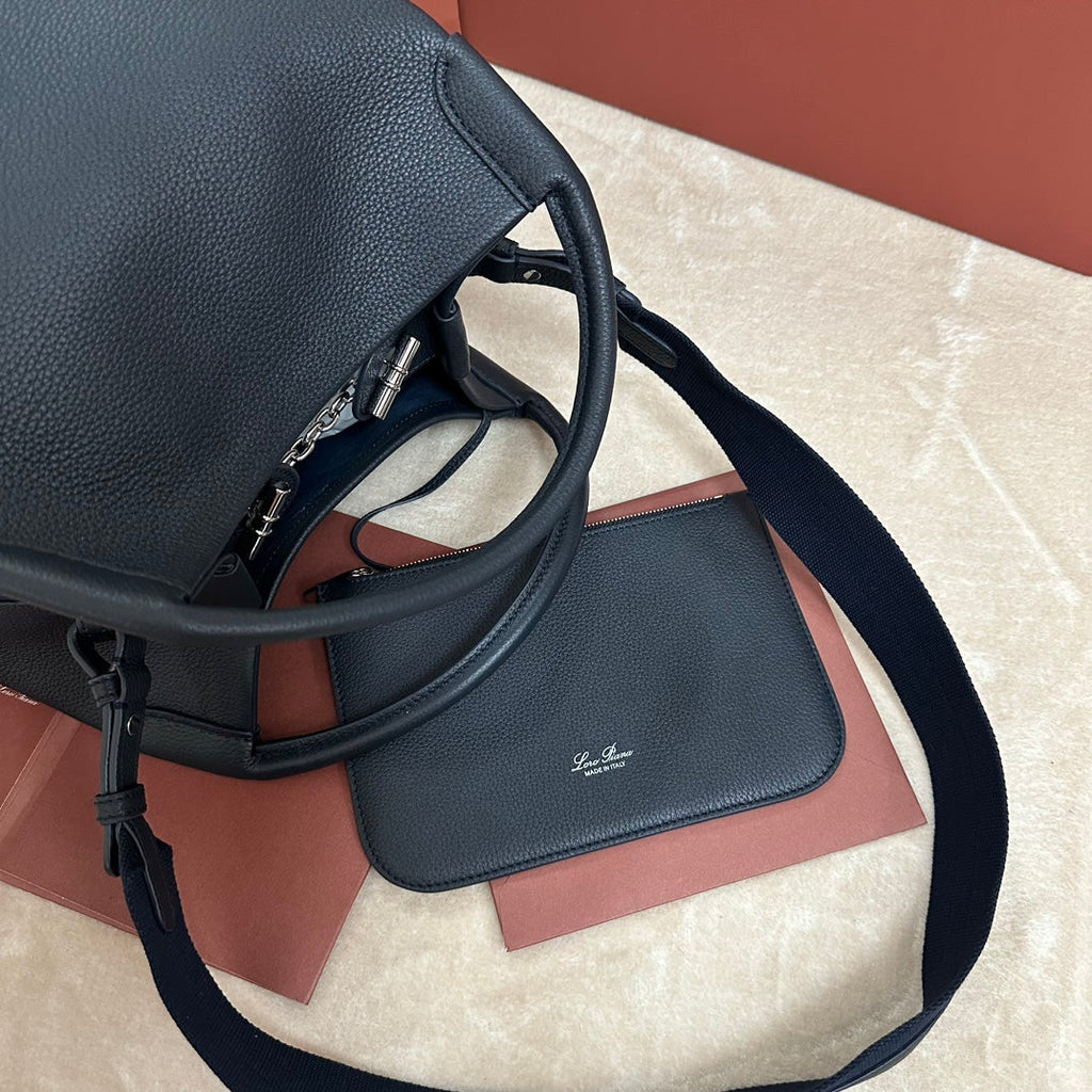 LORO PIANA LARGE 36 BALE BAG IN DARK BLUE GRAINED CALFSKIN